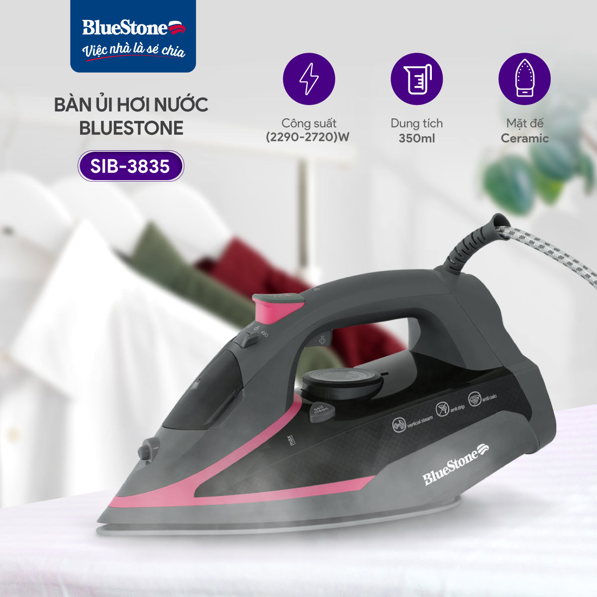 Bàn Ủi Hơi Nước BlueStone SIB-3835 350ml 2290-2720W Bàn Ủi Hơi Nước BlueStone SIB-3835 350ml 2290-2720W